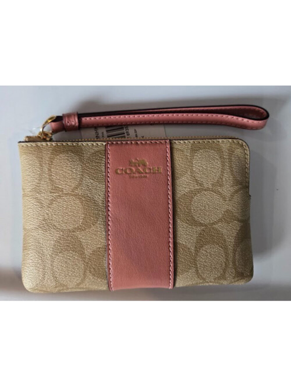 Coach Signature PVC Leather Corner Wristlet Light Khaki / Vintage Pink F58035